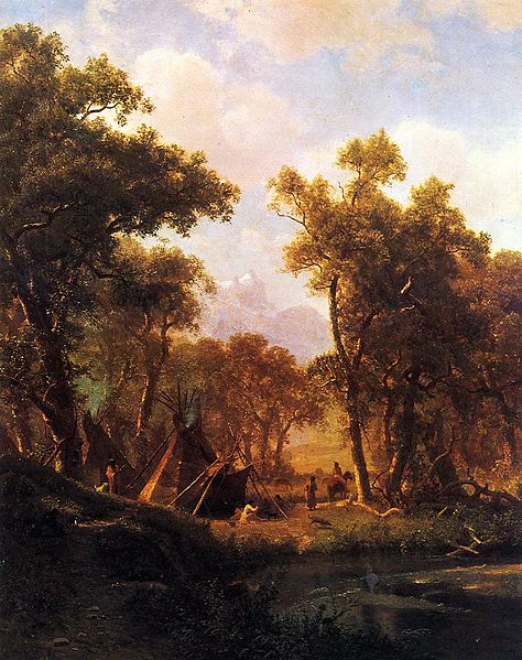 Albert Bierstadt Indian Encampment, Shoshone Village - in a riparian forest, western United States